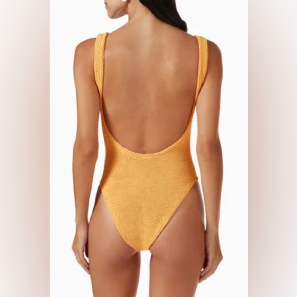 Hunza G Swimsuit Square Neck Crinkle Stretchy Mango Orange Yellow One Size - Picture 4 of 9
